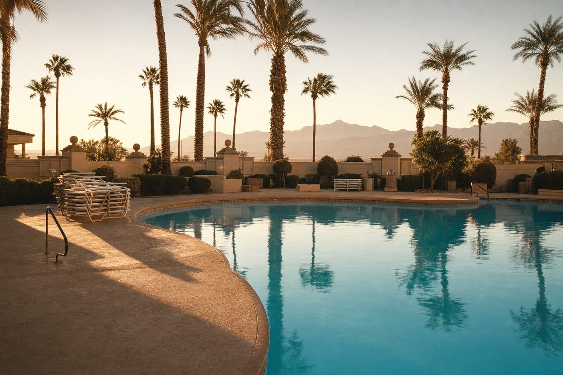 A large commercial pool in Las Vegas at golden hour, palm trees reflected in still turquoise water.